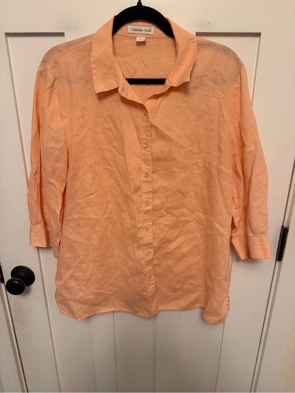 Coldwater Creek 100% Linen Button Down Shirt collared 3/4 Sleeve Orange M Petite